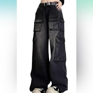 Black Cargo Pants with Sturdy Material and Straight Leg